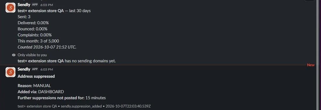 A Slack channel showing the answers to /sendly stats and /sendly domains, followed by a Sendly post titled Address suppressed