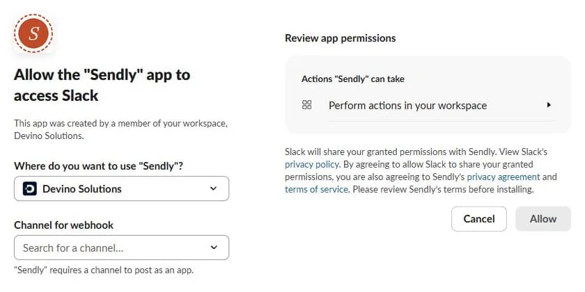 Slack's approval screen for the Sendly app, with a workspace picker, a channel picker and the Cancel and Allow buttons