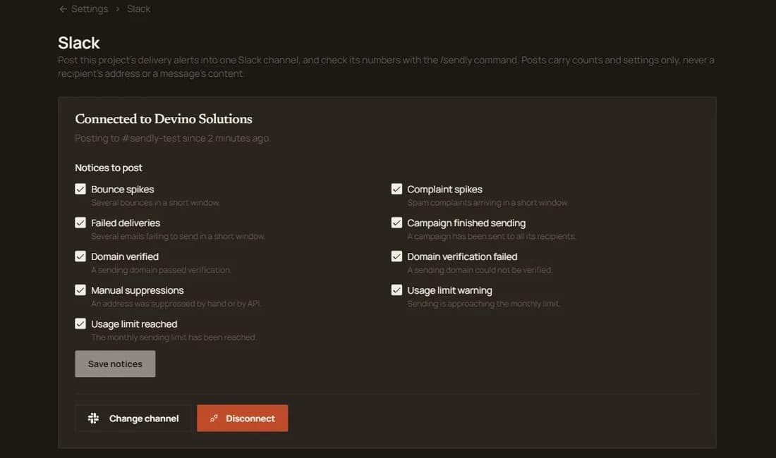 Sendly's Settings, Slack page, showing the project connected to a Slack workspace, the channel it posts to and the list of notices to post